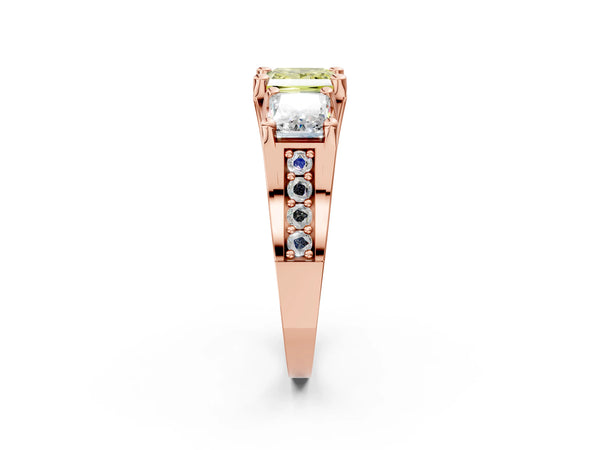 Rose gold Fancy Yellow Princess Cut Diamond Three-Stone Ring with Channel Set Band and Four-Prong Setting
