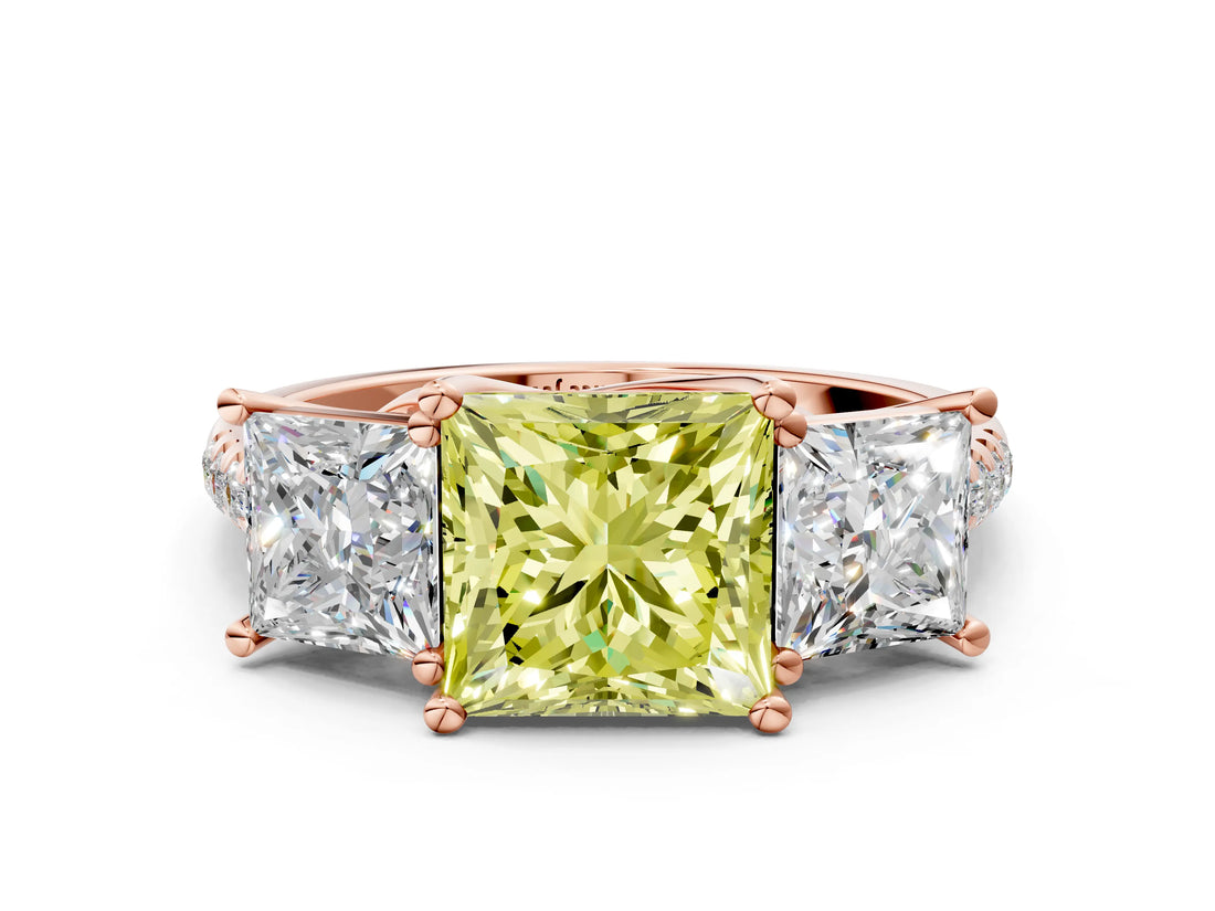 Rose gold Three-Stone Fancy Yellow Princess Cut Diamond Ring with Pavé Band and Prong Setting_47