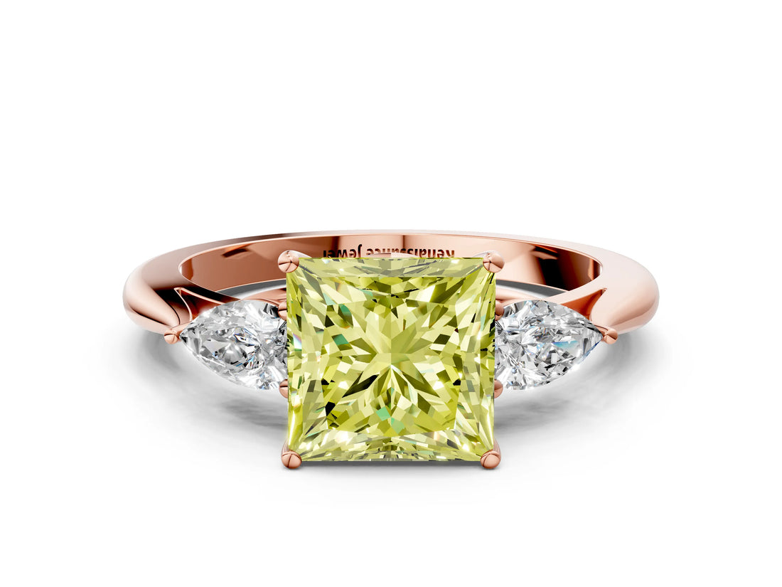 Rose gold Three-Stone Fancy Yellow Princess Cut Diamond Ring with Pear  Side Stones in Four-Prong Setting_48