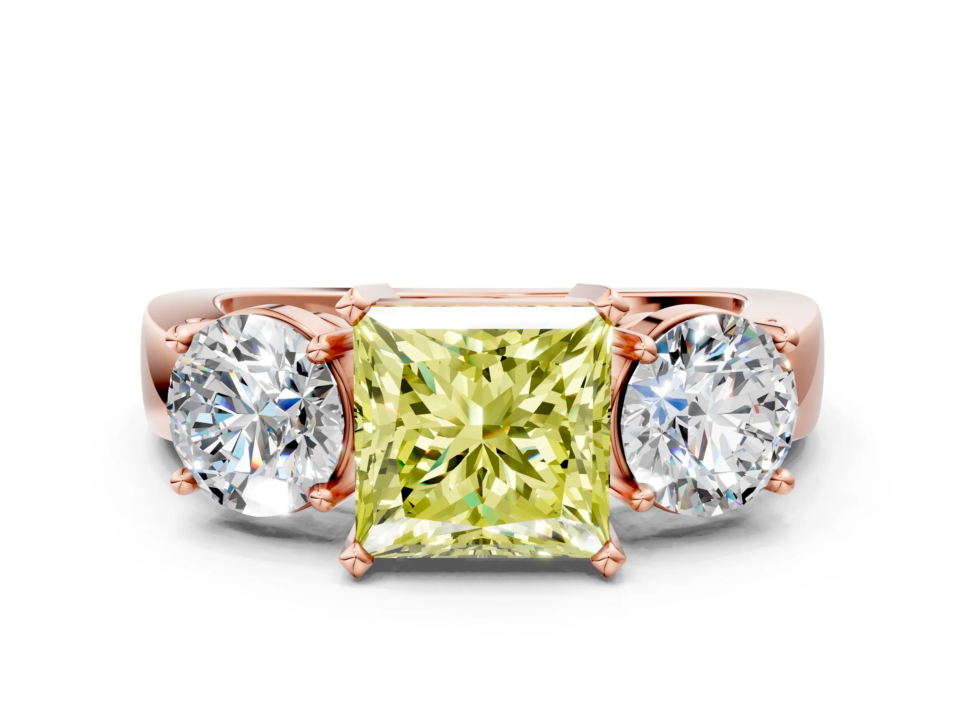 Rose gold Three-Stone Fancy Yellow Princess Cut Diamond Ring with Round Side Stones, Classic Band, and Four-Prong Setting