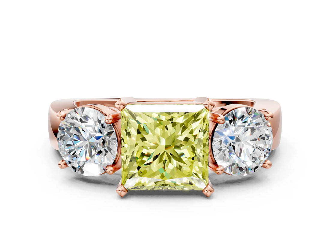 Rose gold Three-Stone Fancy Yellow Princess Cut Diamond Ring with Round Side Stones, Classic Band, and Four-Prong Setting