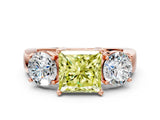 Rose gold Three-Stone Fancy Yellow Princess Cut Diamond Ring with Round Side Stones, Classic Band, and Four-Prong Setting