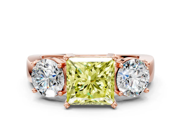 Rose gold Three-Stone Fancy Yellow Princess Cut Diamond Ring with Round Side Stones, Classic Band, and Four-Prong Setting
