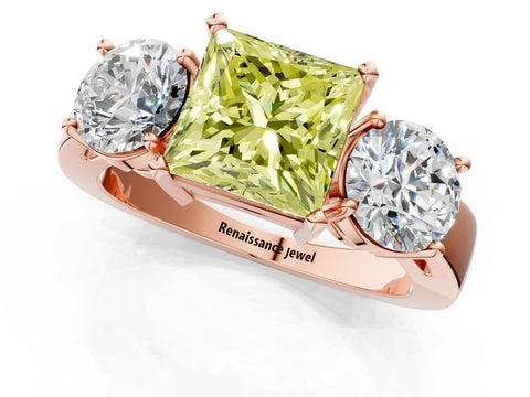 Rose gold Three-Stone Fancy Yellow Princess Cut Diamond Ring with Round Side Stones, Classic Band, and Four-Prong Setting_1
