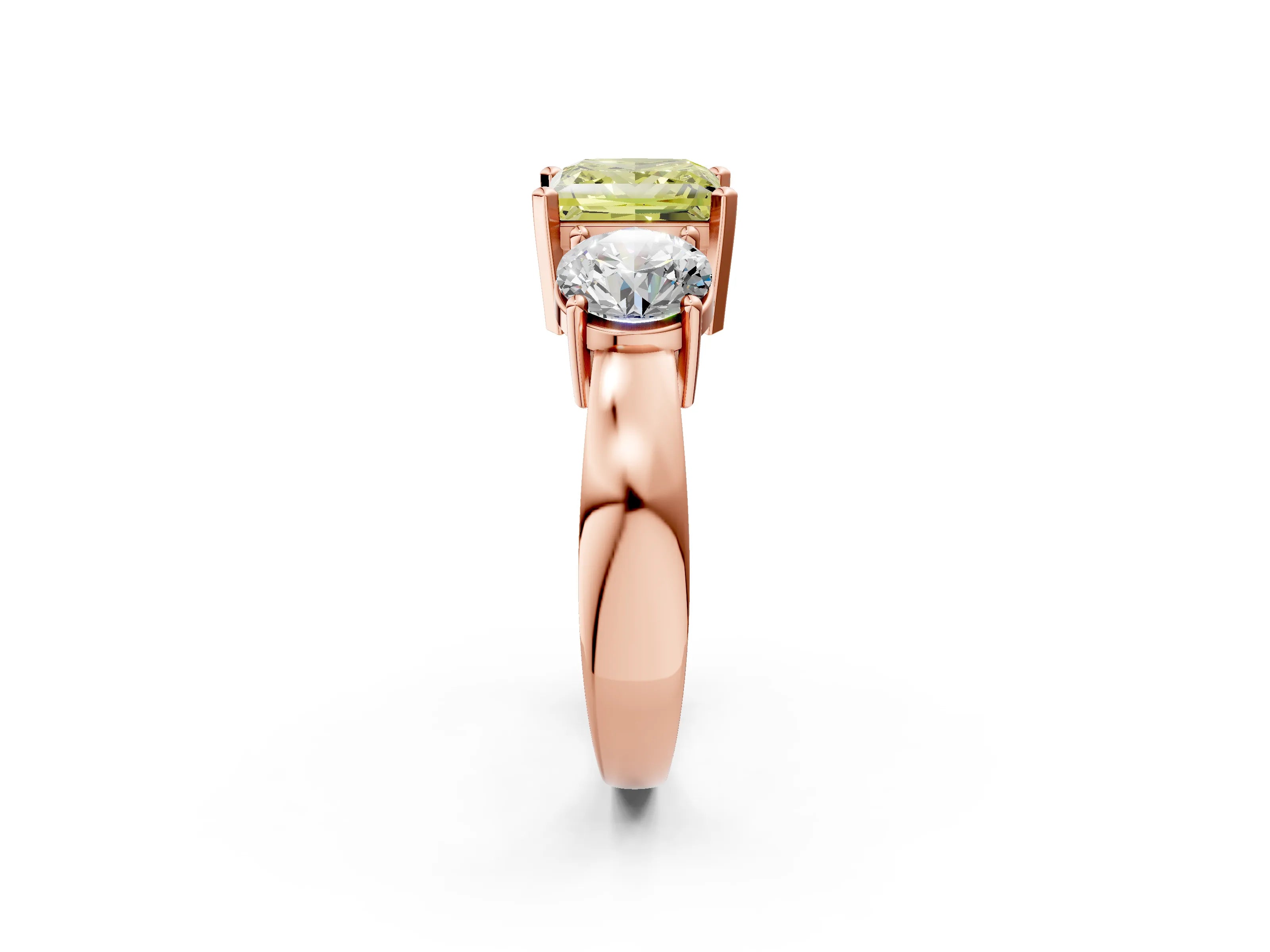 Rose gold Three-Stone Fancy Yellow Princess Cut Diamond Ring with Round Side Stones, Classic Band, and Four-Prong Setting_2