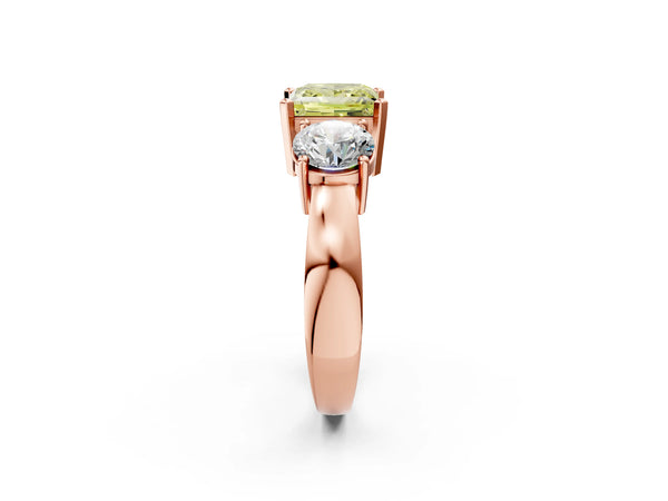 Rose gold Three-Stone Fancy Yellow Princess Cut Diamond Ring with Round Side Stones, Classic Band, and Four-Prong Setting