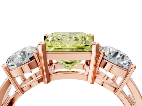 Rose gold Three-Stone Fancy Yellow Princess Cut Diamond Ring with Round Side Stones, Classic Band, and Four-Prong Setting_4