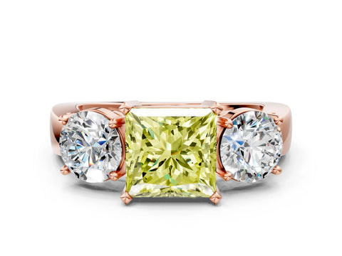 Rose gold Three-Stone Fancy Yellow Princess Cut Diamond Ring with Round Side Stones, Classic Band, and Four-Prong Setting