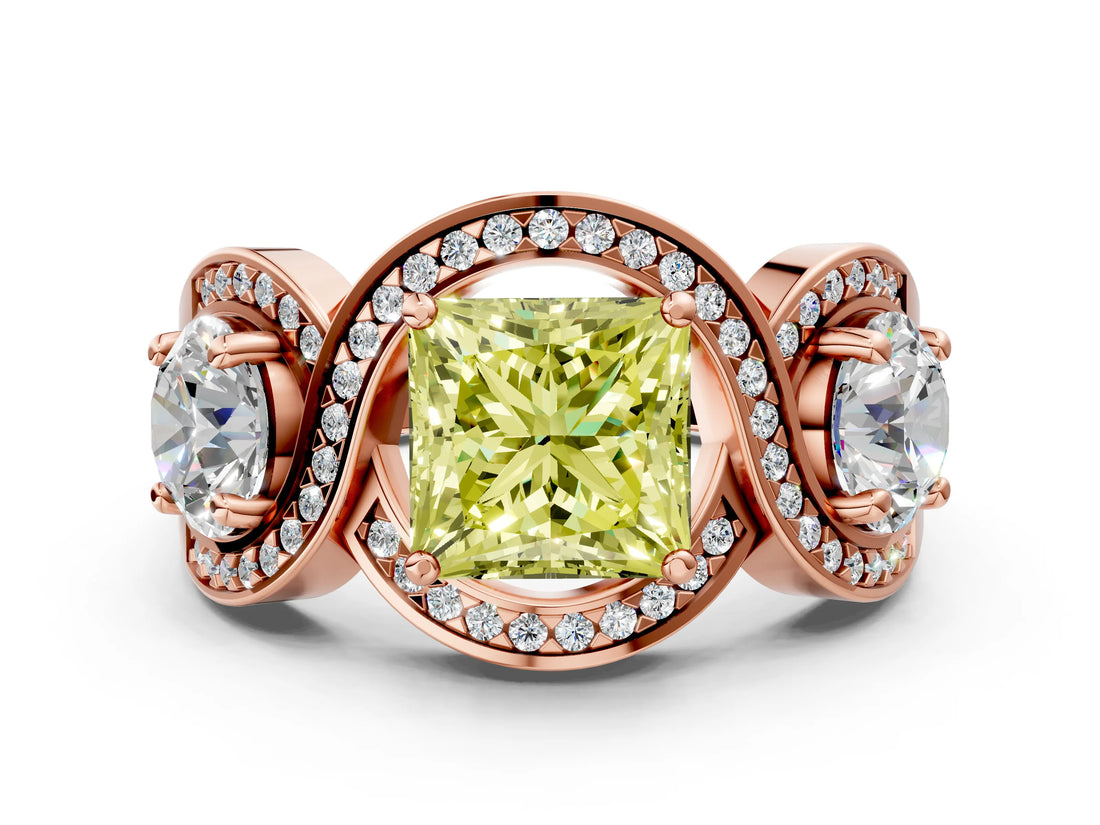Rose gold Three-Stone Fancy Yellow Princess Cut Diamond Wave Pave Band with Prong Setting_18