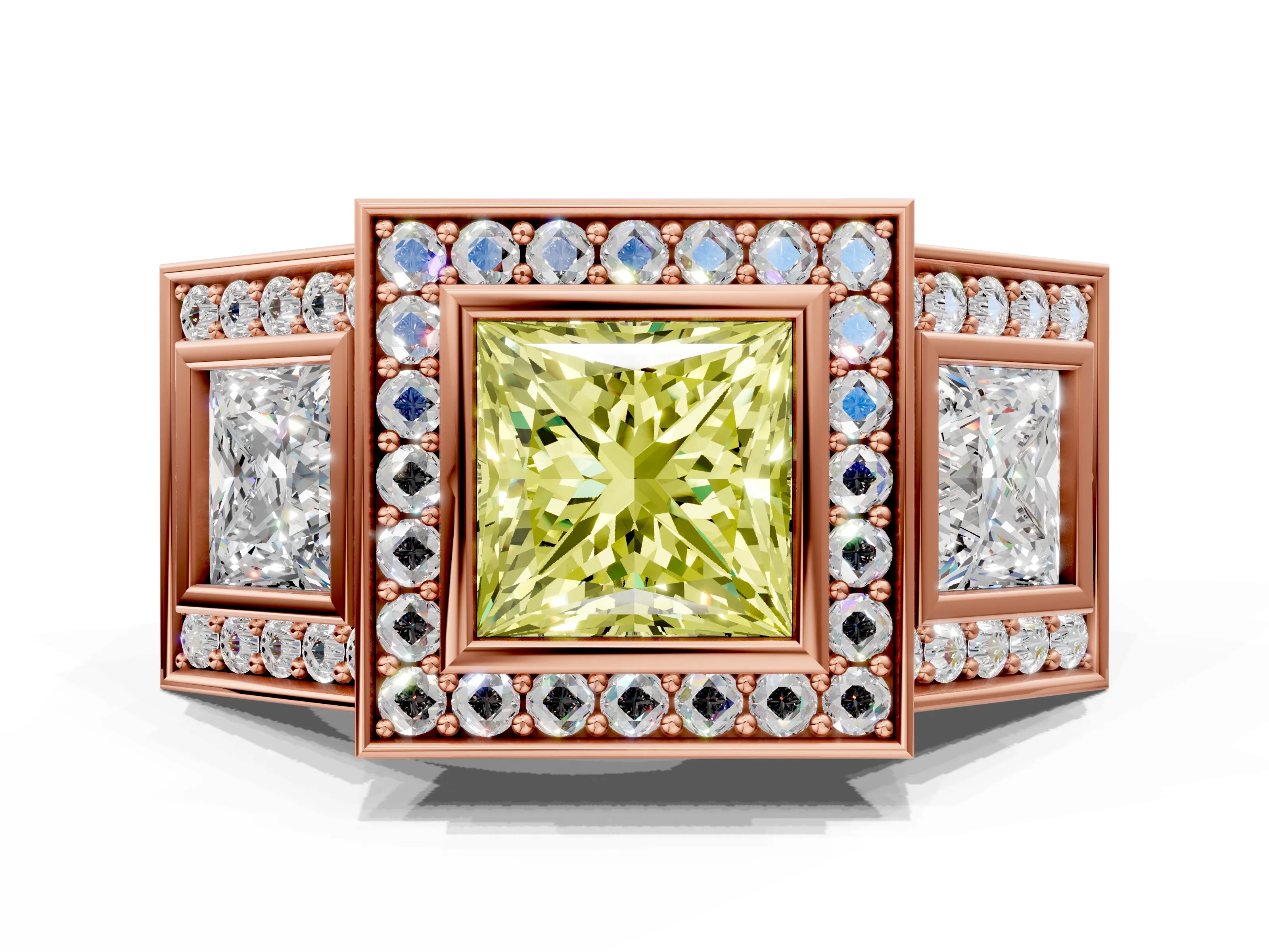Rose gold Three-Stone Fancy Yellow Princess Cut Halo Pavé Diamond Ring_12