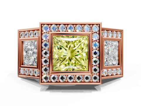 Rose gold Three-Stone Fancy Yellow Princess Cut Halo Pavé Diamond Ring_12