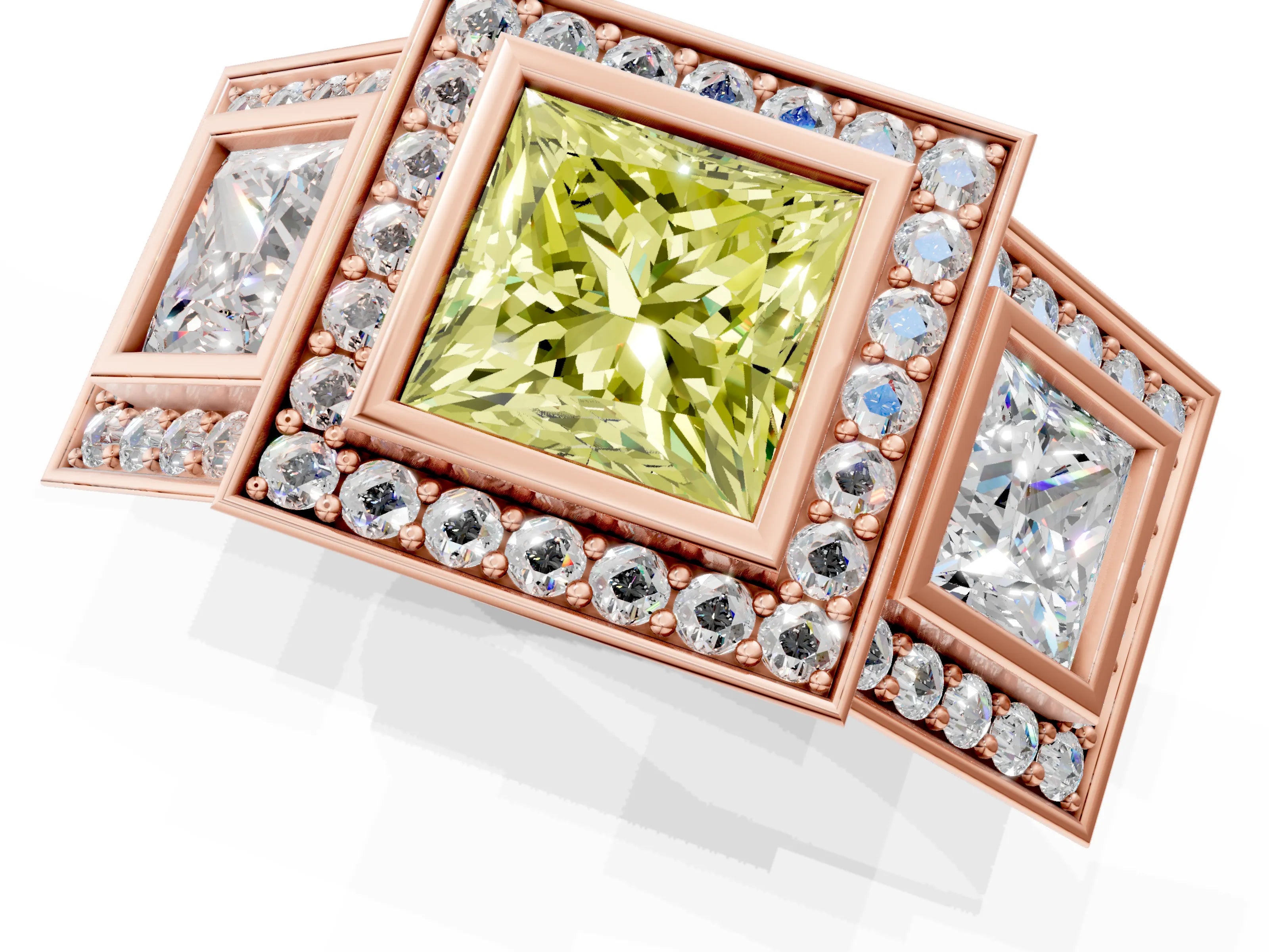 Rose gold Three-Stone Fancy Yellow Princess Cut Halo Pavé Diamond Ring_13