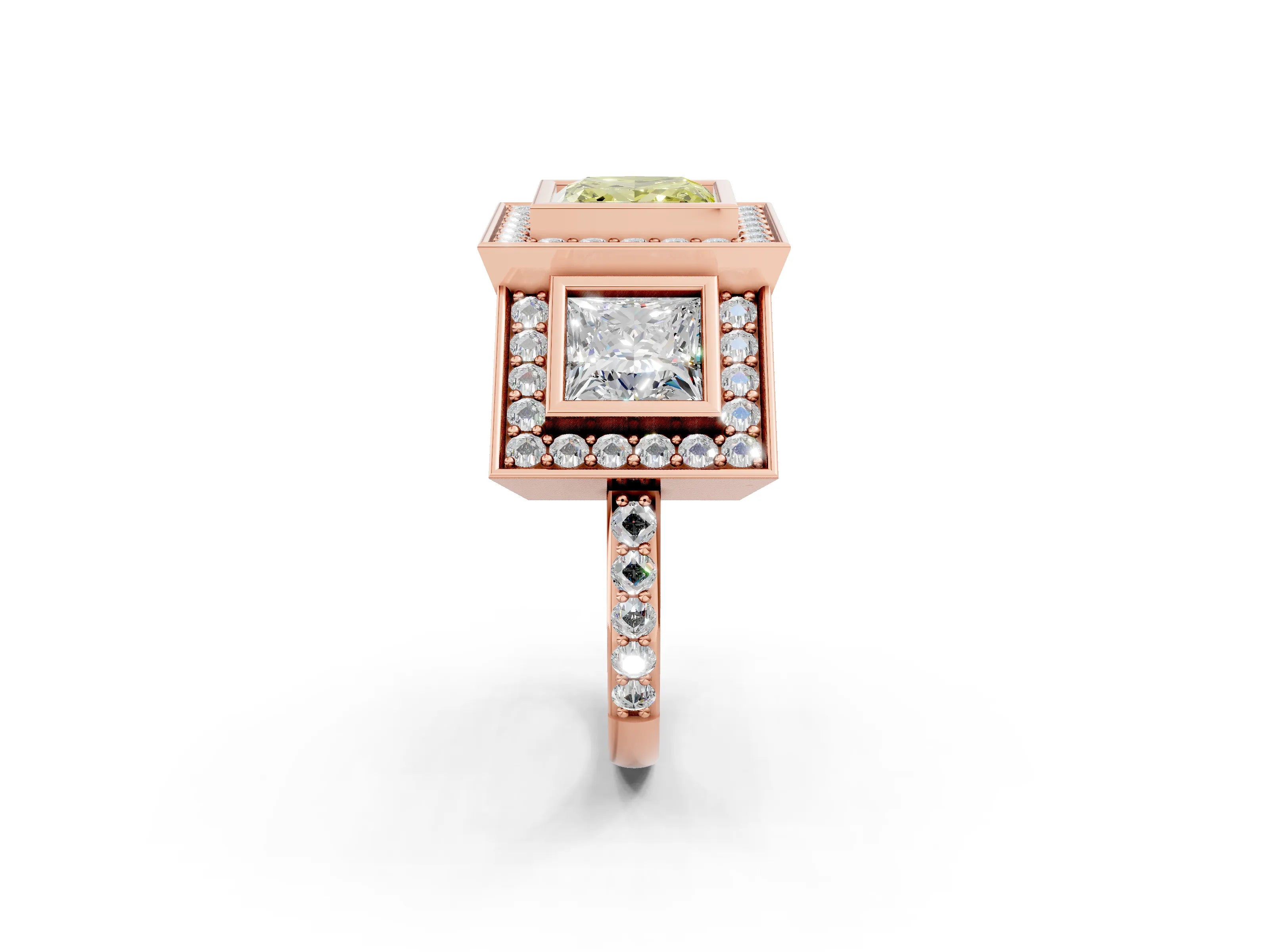 Rose gold Three-Stone Fancy Yellow Princess Cut Halo Pavé Diamond Ring_14
