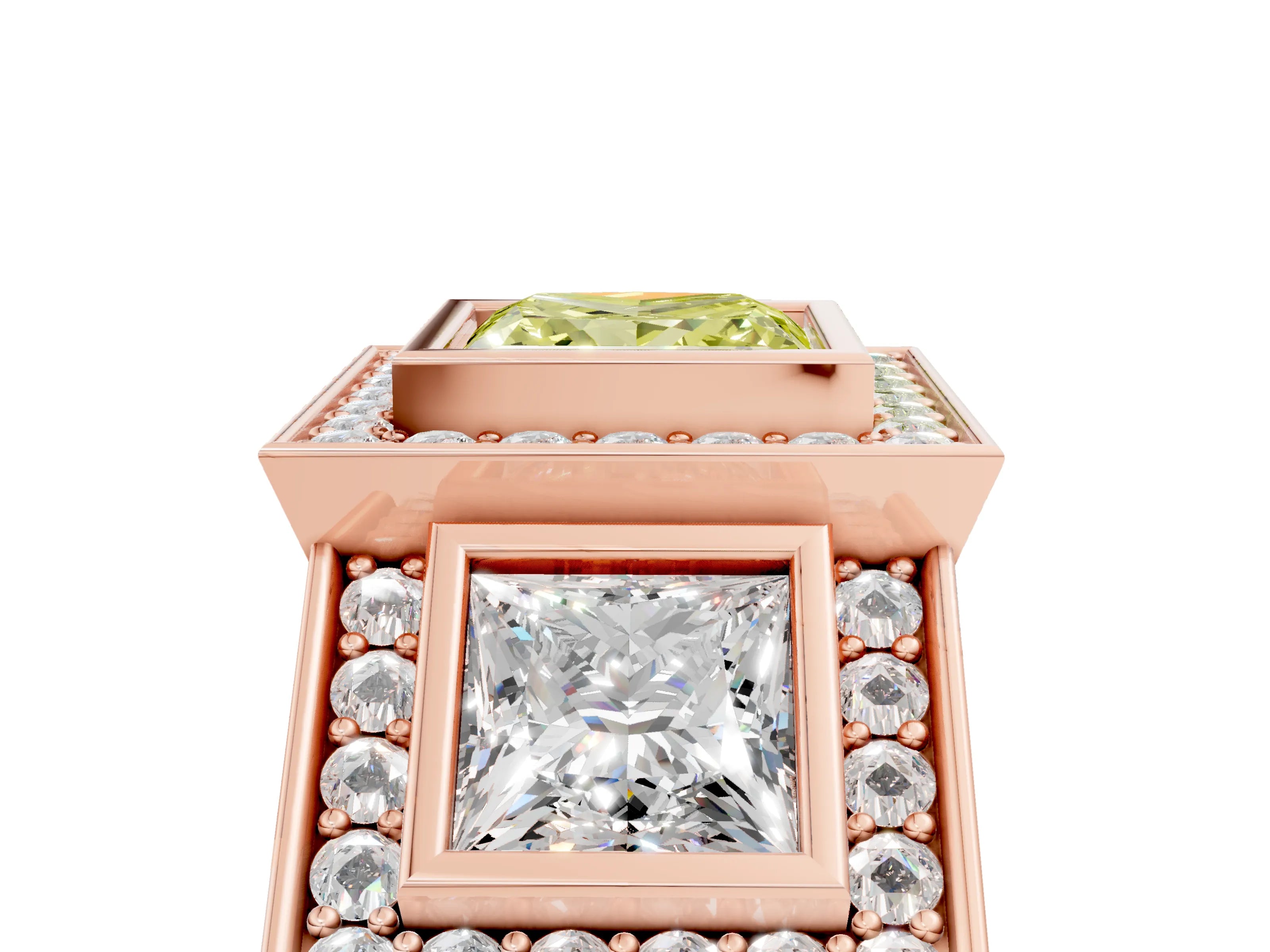 Rose gold Three-Stone Fancy Yellow Princess Cut Halo Pavé Diamond Ring_17