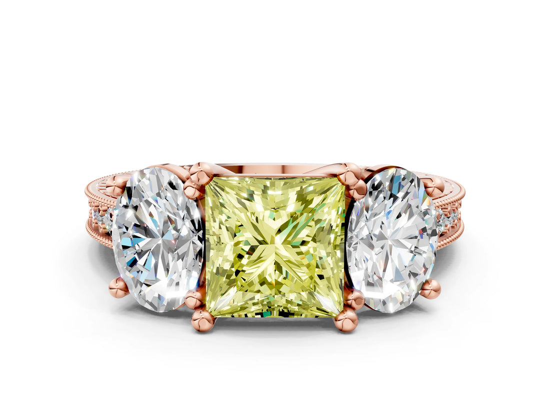 Rose gold Three-Stone Fancy Yellow Princess  Diamond Milgrain Pave Band with Prong Setting 1