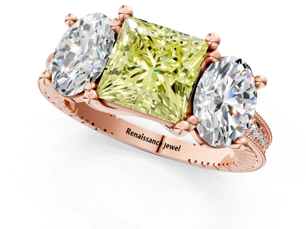 Rose Gold Princess Cut Three-Stone Engagement Ring Setting for Fancy Yellow Center with Pave Band