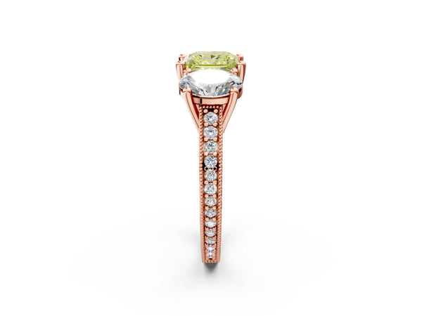Rose Gold Princess Cut Three-Stone Engagement Ring Setting for Fancy Yellow Center with Pave Band