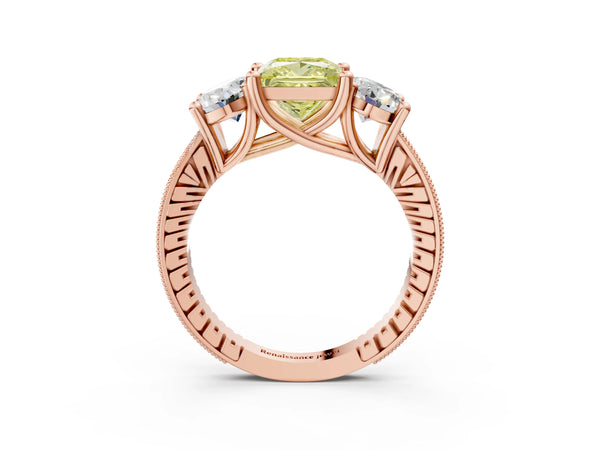 Rose Gold Princess Cut Three-Stone Engagement Ring Setting for Fancy Yellow Center with Pave Band