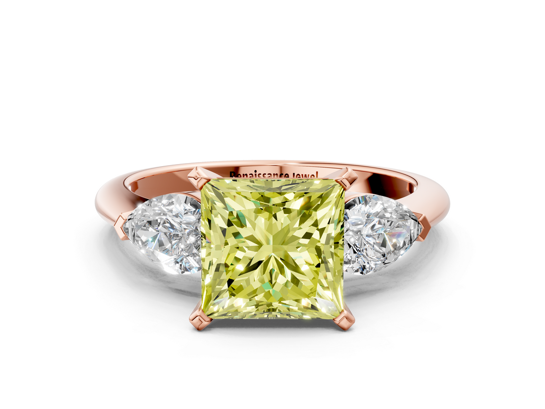 Rose gold Three-Stone Fancy Yellow Princess  Diamond Ring with Pear Side Stones in Four-Prong Setting