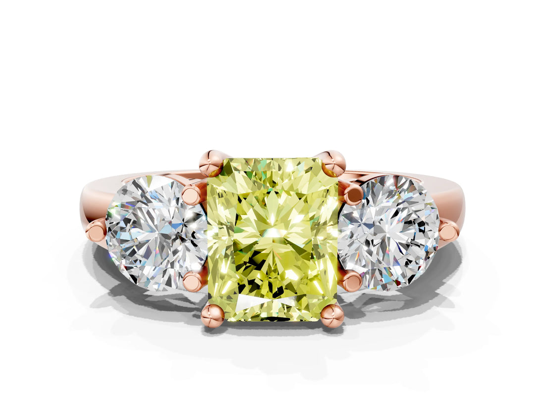 Rose gold Three-Stone Fancy Yellow Radiant  Brilliant Cut Solitaire Ring with Prong Setting on a Classic Band 1