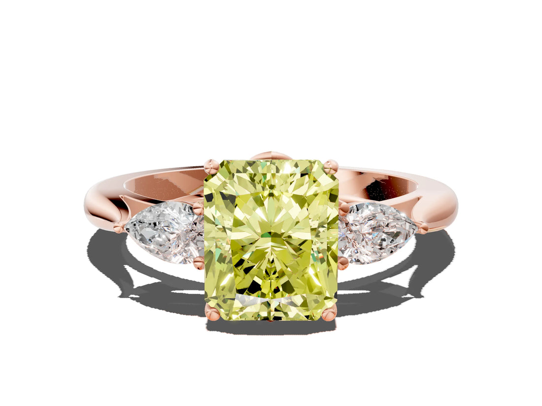 Rose gold Three-Stone Fancy Yellow Radiant Cut Brilliant Diamond Solitaire Ring with Tapered Band and Four-Prong Setting_3