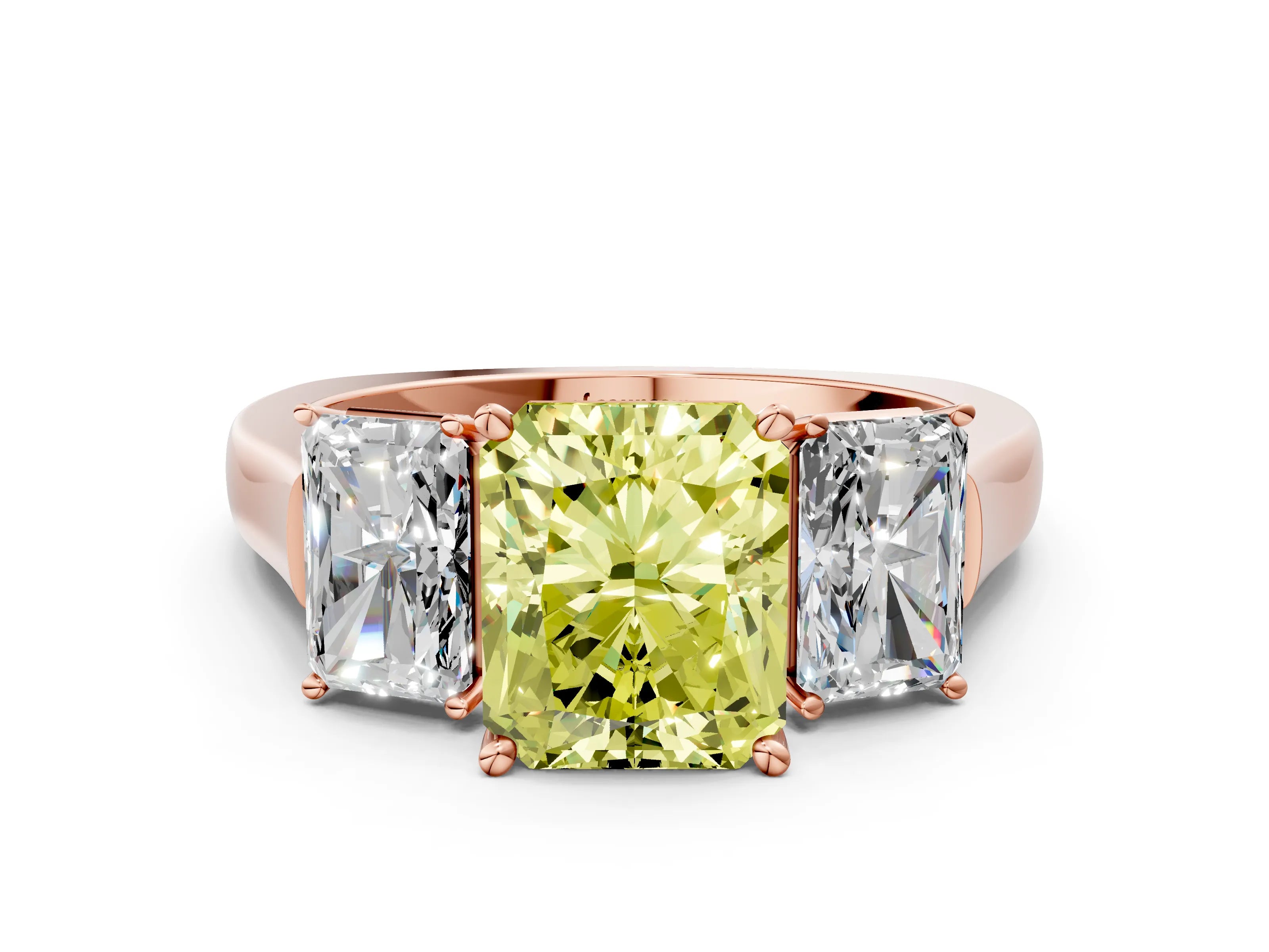 Rose gold Three-Stone Fancy Yellow Radiant Cut Brilliant Diamond Trellis Ring with Comfort Fit Band