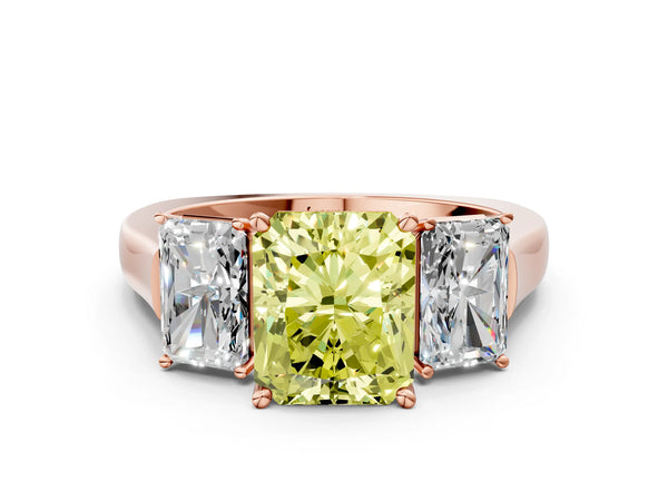 Rose gold Three-Stone Fancy Yellow Radiant Cut Brilliant Diamond Trellis Ring with Comfort Fit Band