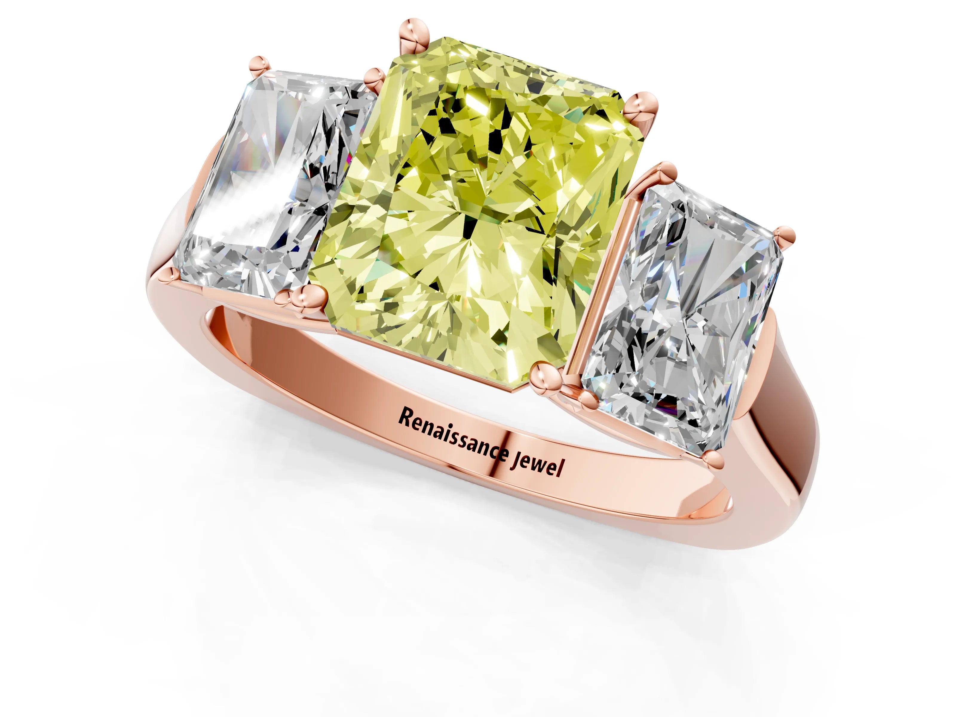 Rose gold Three-Stone Fancy Yellow Radiant Cut Brilliant Diamond Trellis Ring with Comfort Fit Band_1