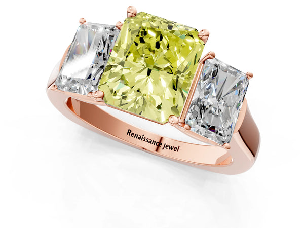 Rose gold Three-Stone Fancy Yellow Radiant Cut Brilliant Diamond Trellis Ring with Comfort Fit Band