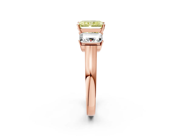 Rose gold Three-Stone Fancy Yellow Radiant Cut Brilliant Diamond Trellis Ring with Comfort Fit Band