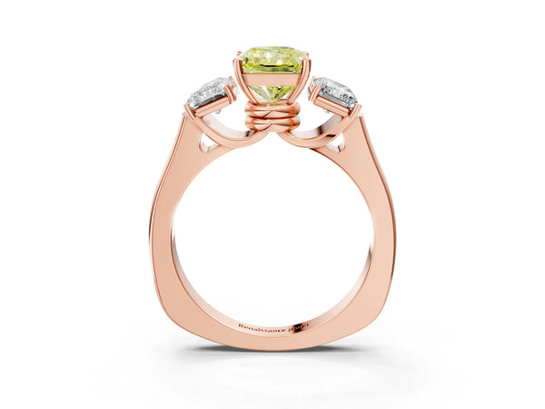 Rose gold Three-Stone Fancy Yellow Radiant Cut Brilliant Diamond Trellis Ring with Comfort Fit Band