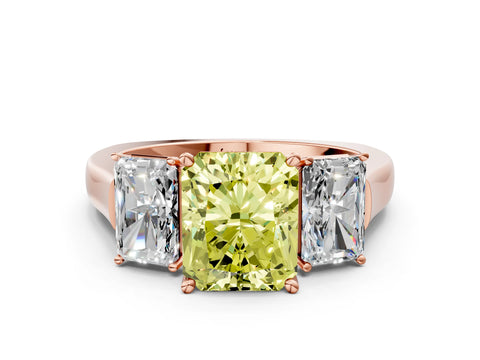 Rose gold Three-Stone Fancy Yellow Radiant Cut Brilliant Diamond Trellis Ring with Comfort Fit Band