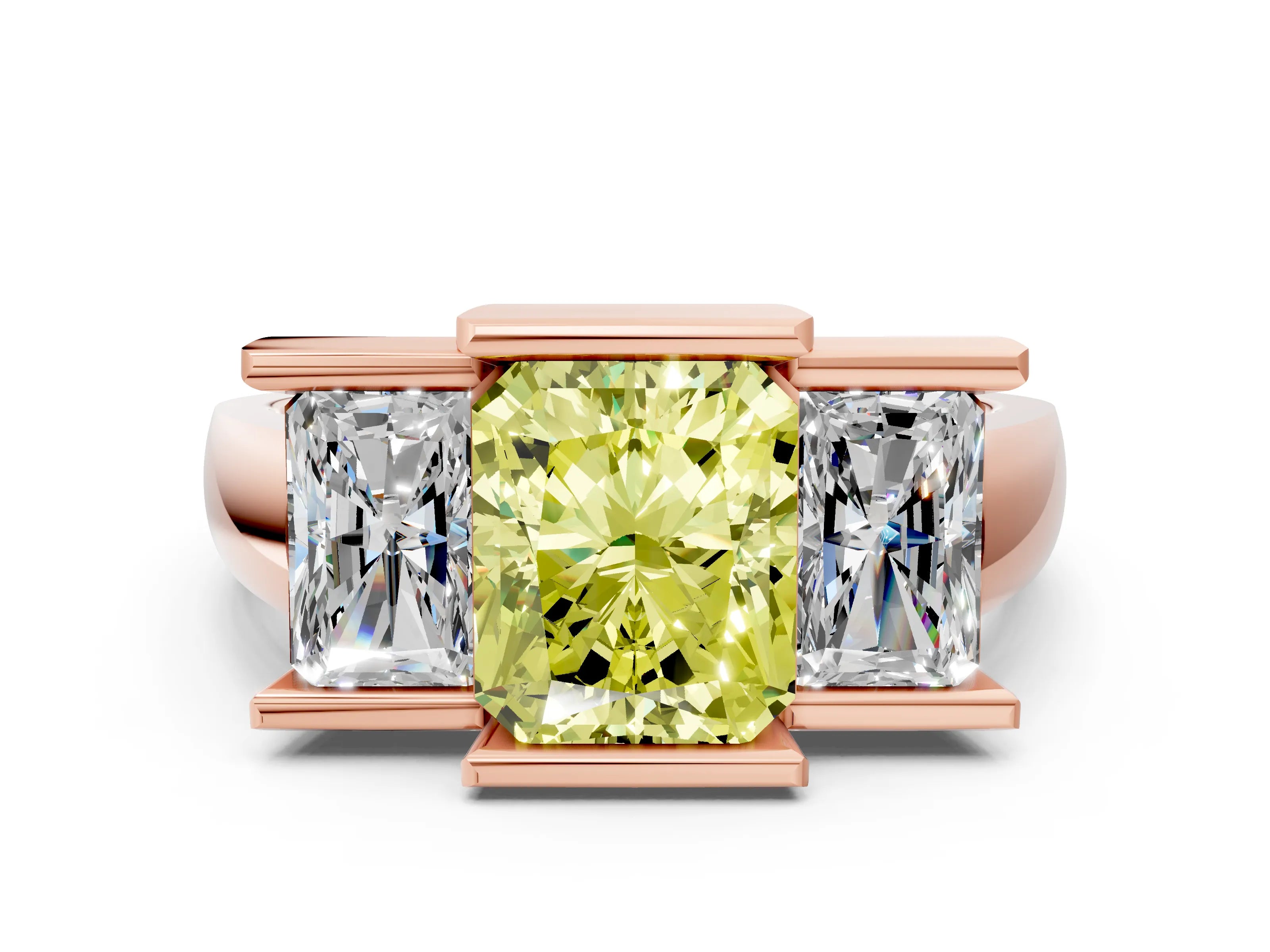 Rose gold Three Stone Fancy Yellow Radiant Cut Cut Channel Set Diamond Ring