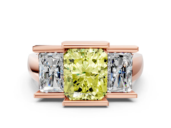 Rose Gold Radiant Cut Channel Set Three Stone Engagement Ring Setting for Fancy Yellow Center