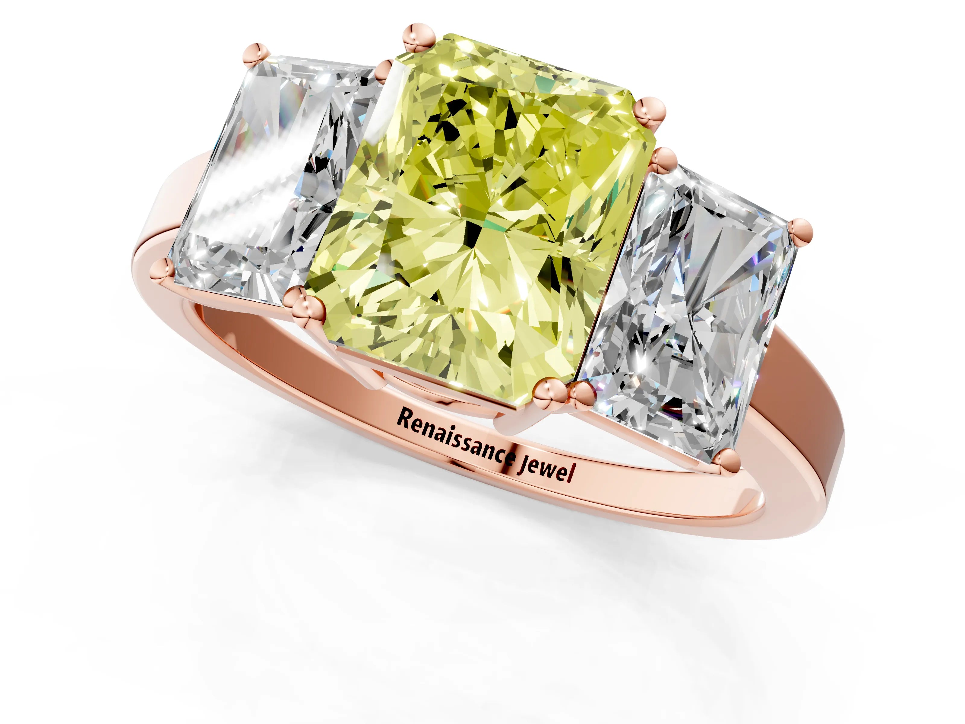 Rose gold Three-Stone Fancy Yellow Radiant Cut Cut Diamond Engagement Ring with Flat Band and Four-Prong Setting_1