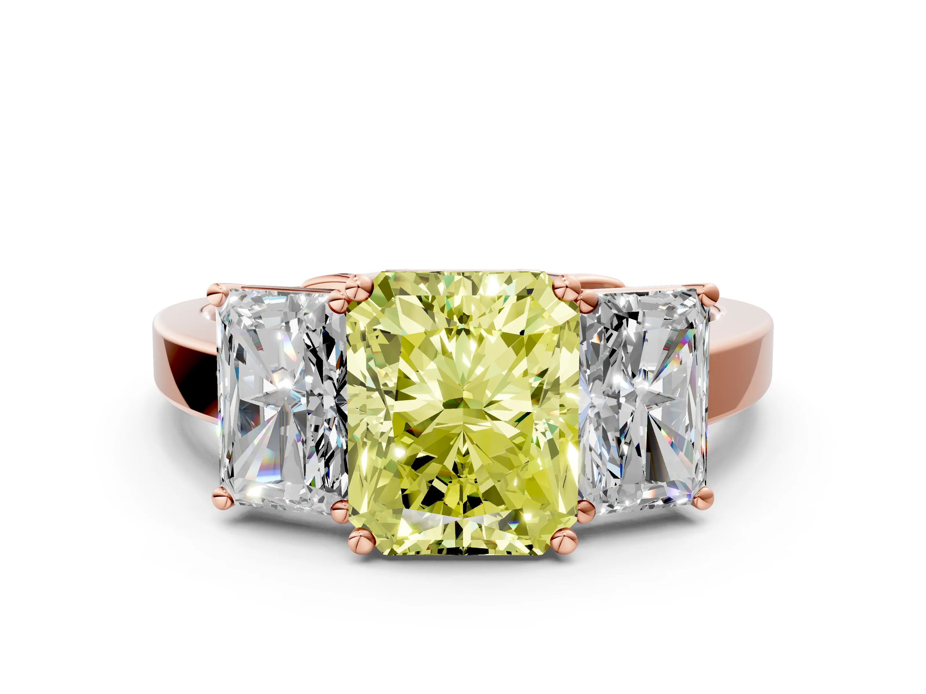 Rose gold Three-Stone Fancy Yellow Radiant Cut Cut Diamond Engagement Ring with Flat Band and Four-Prong Setting_12