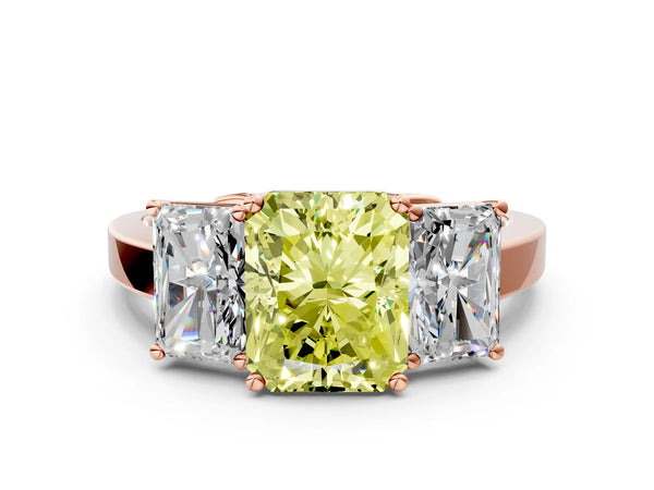 Rose gold Three-Stone Fancy Yellow Radiant Cut Cut Diamond Engagement Ring with Flat Band and Four-Prong Setting
