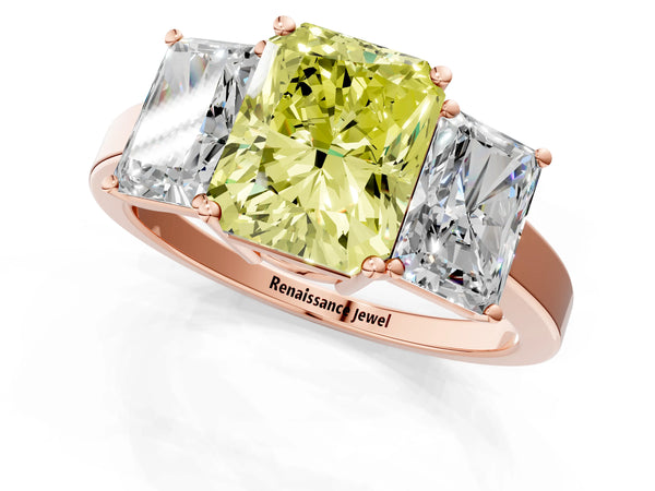 Rose gold Three-Stone Fancy Yellow Radiant Cut Cut Diamond Engagement Ring with Flat Band and Four-Prong Setting
