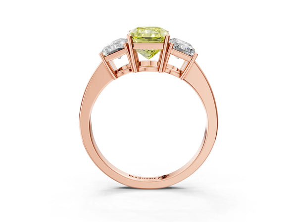 Rose gold Three-Stone Fancy Yellow Radiant Cut Cut Diamond Engagement Ring with Flat Band and Four-Prong Setting