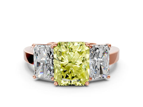 Rose gold Three-Stone Fancy Yellow Radiant Cut Cut Diamond Engagement Ring with Flat Band and Four-Prong Setting