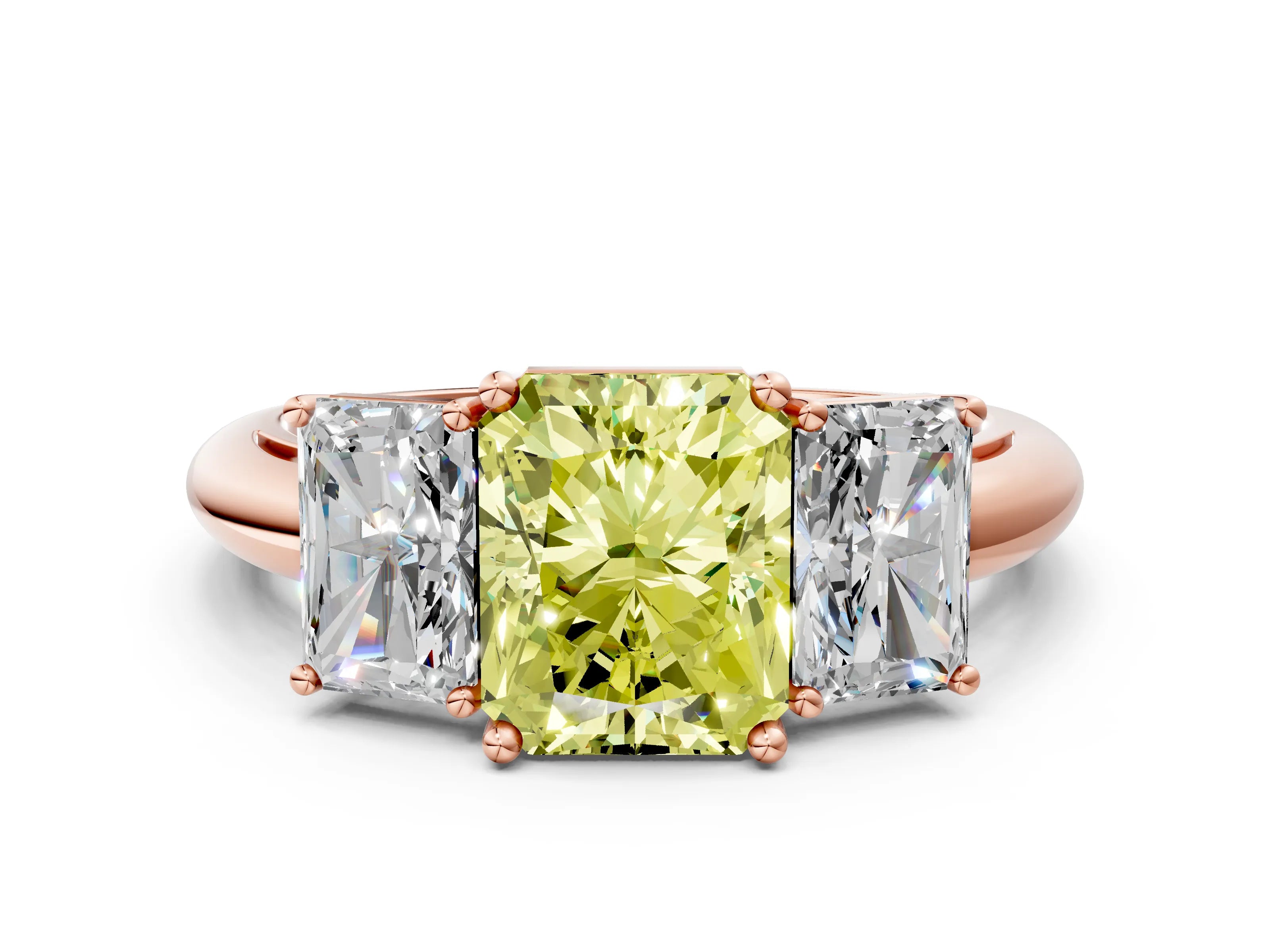 Rose gold Three-Stone Fancy Yellow Radiant Cut Cut Diamond Engagement Ring with Prong Setting on a White Gold Band