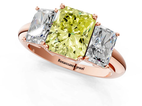 Rose gold Three-Stone Fancy Yellow Radiant Cut Cut Diamond Engagement Ring with Prong Setting on a White Gold Band_1