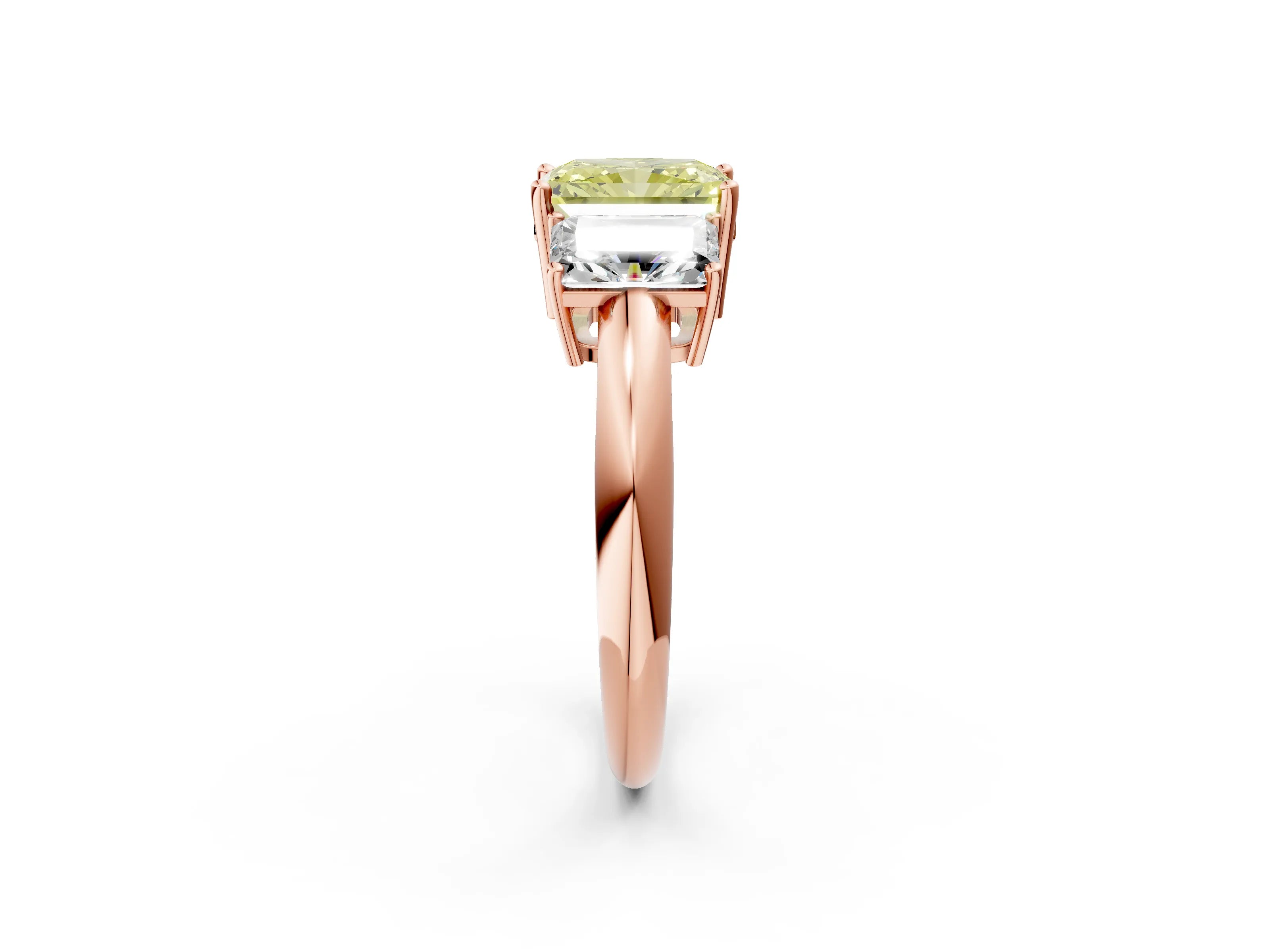 Rose gold Three-Stone Fancy Yellow Radiant Cut Cut Diamond Engagement Ring with Prong Setting on a White Gold Band_2