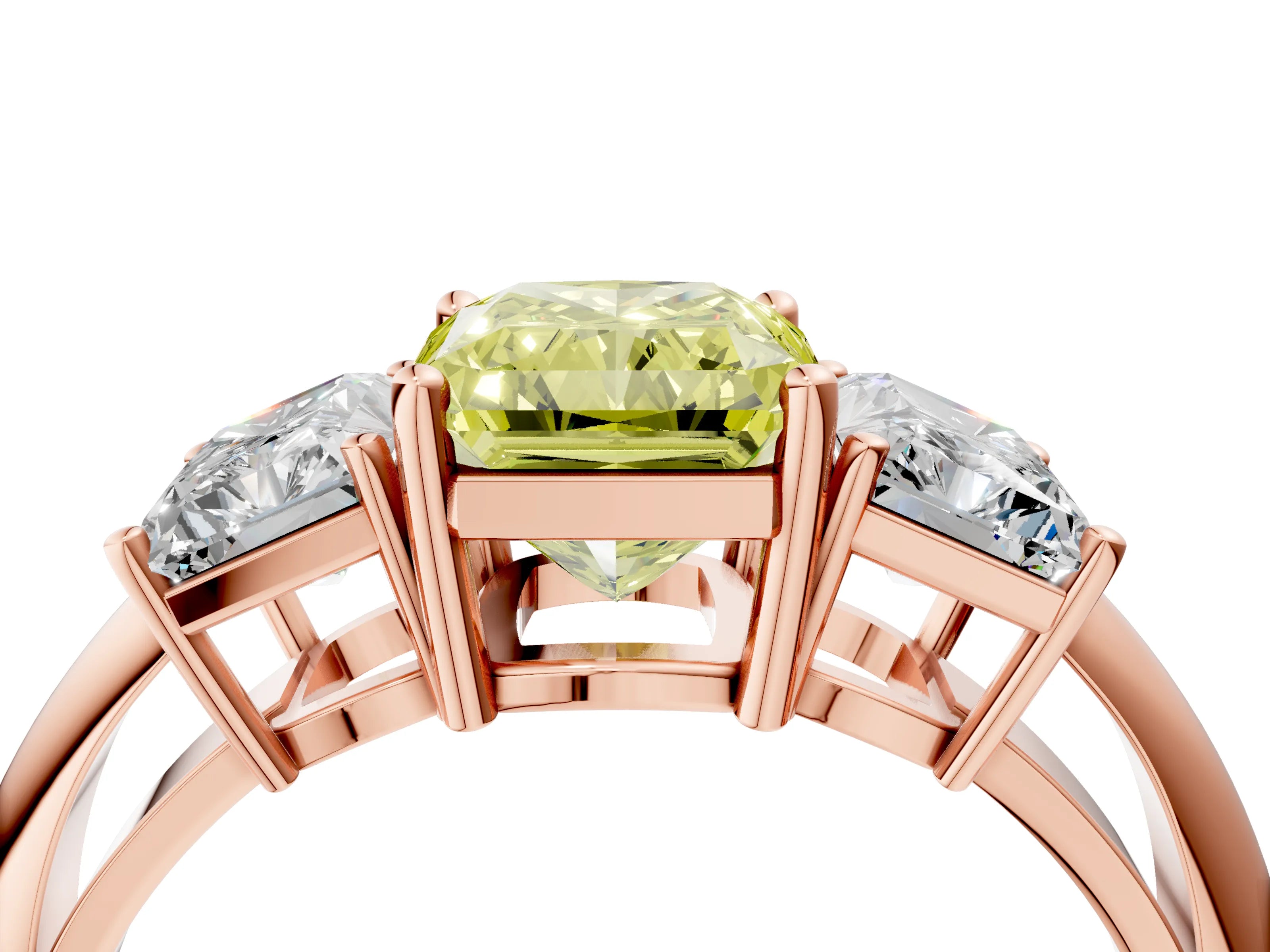 Rose gold Three-Stone Fancy Yellow Radiant Cut Cut Diamond Engagement Ring with Prong Setting on a White Gold Band_4
