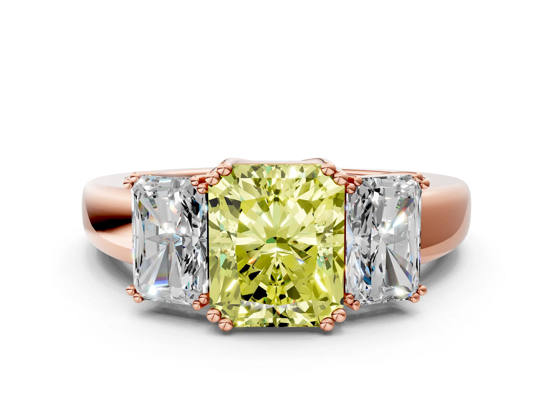 Rose gold Three-Stone Fancy Yellow Radiant Cut Cut Diamond Ring with Channel Set Band and Four-Prong Setting_24