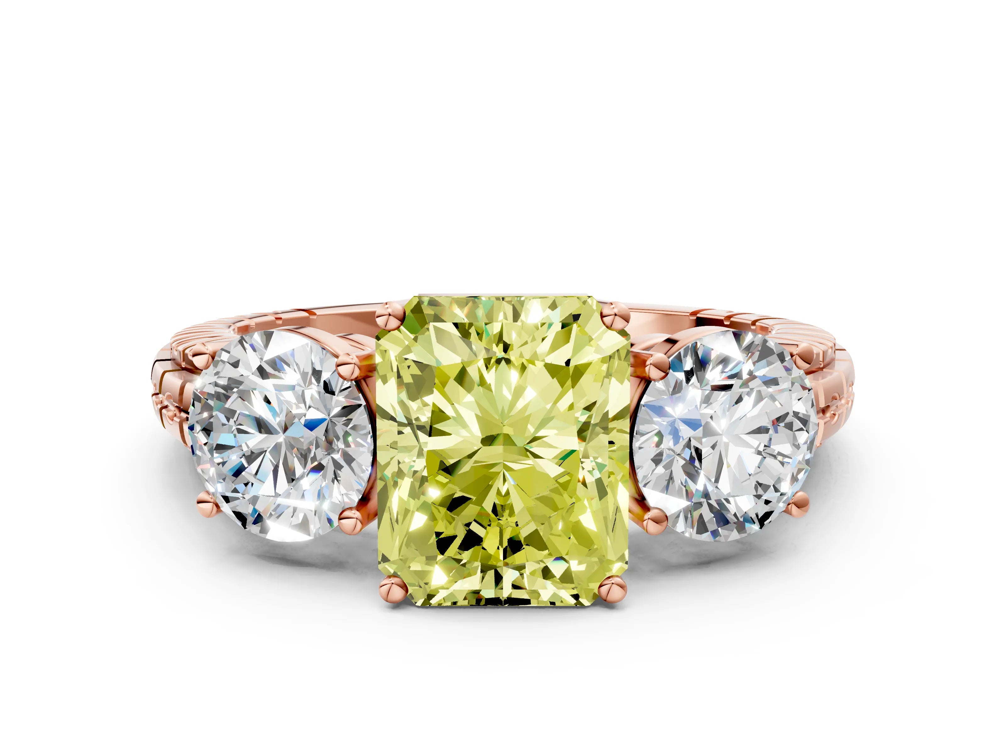 Rose gold Three-Stone Fancy Yellow Radiant Cut Cut Diamond Ring with Channel-Set Band and Prong Setting