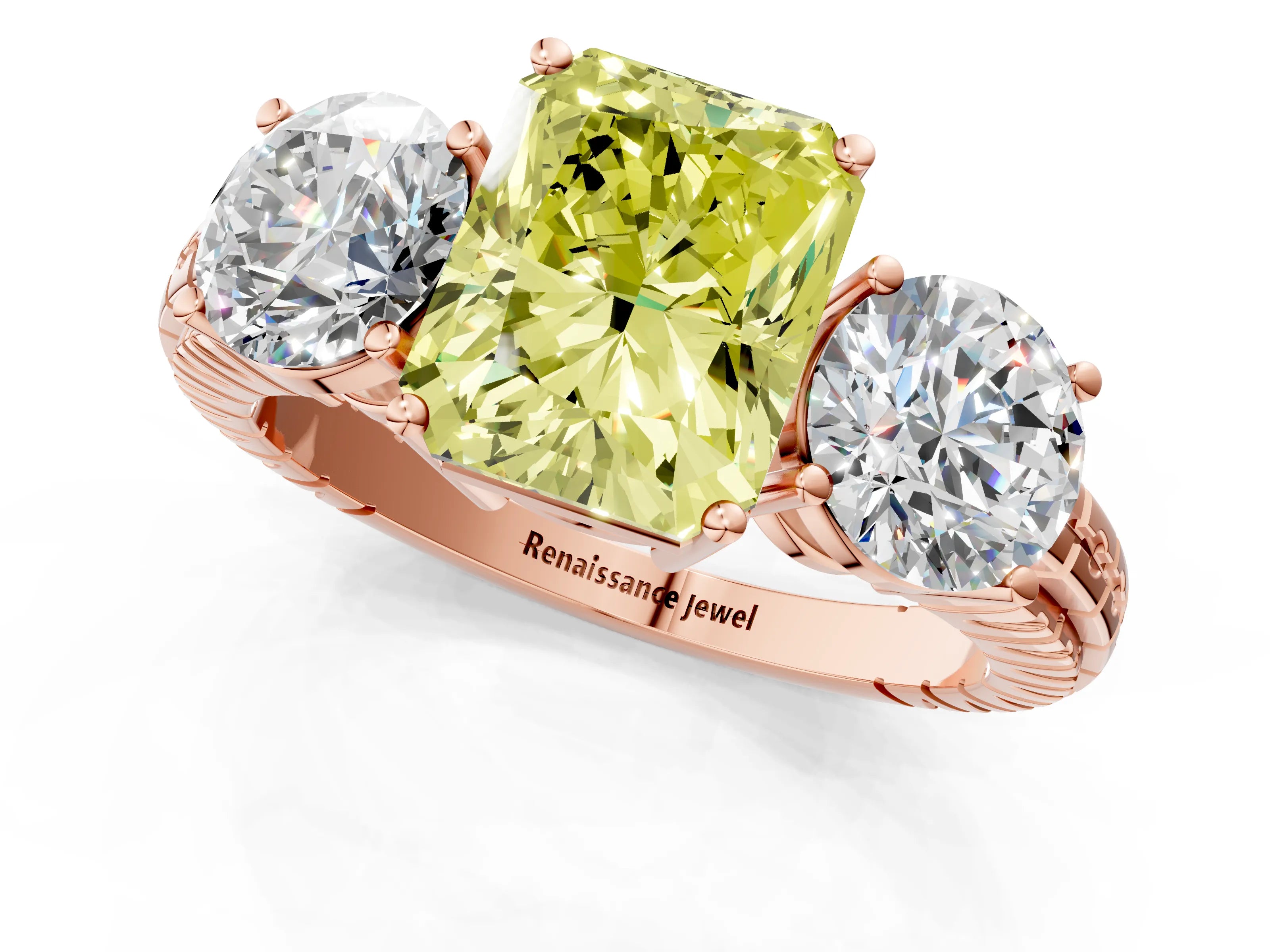 Rose gold Three-Stone Fancy Yellow Radiant Cut Cut Diamond Ring with Channel-Set Band and Prong Setting_1
