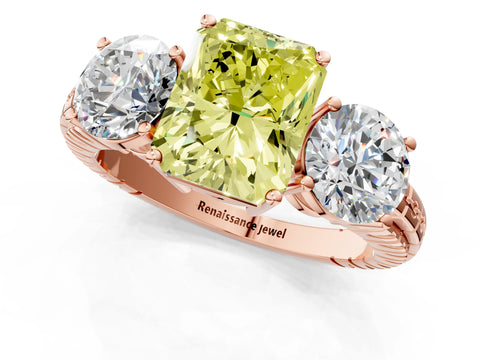 Rose gold Three-Stone Fancy Yellow Radiant Cut Cut Diamond Ring with Channel-Set Band and Prong Setting_1