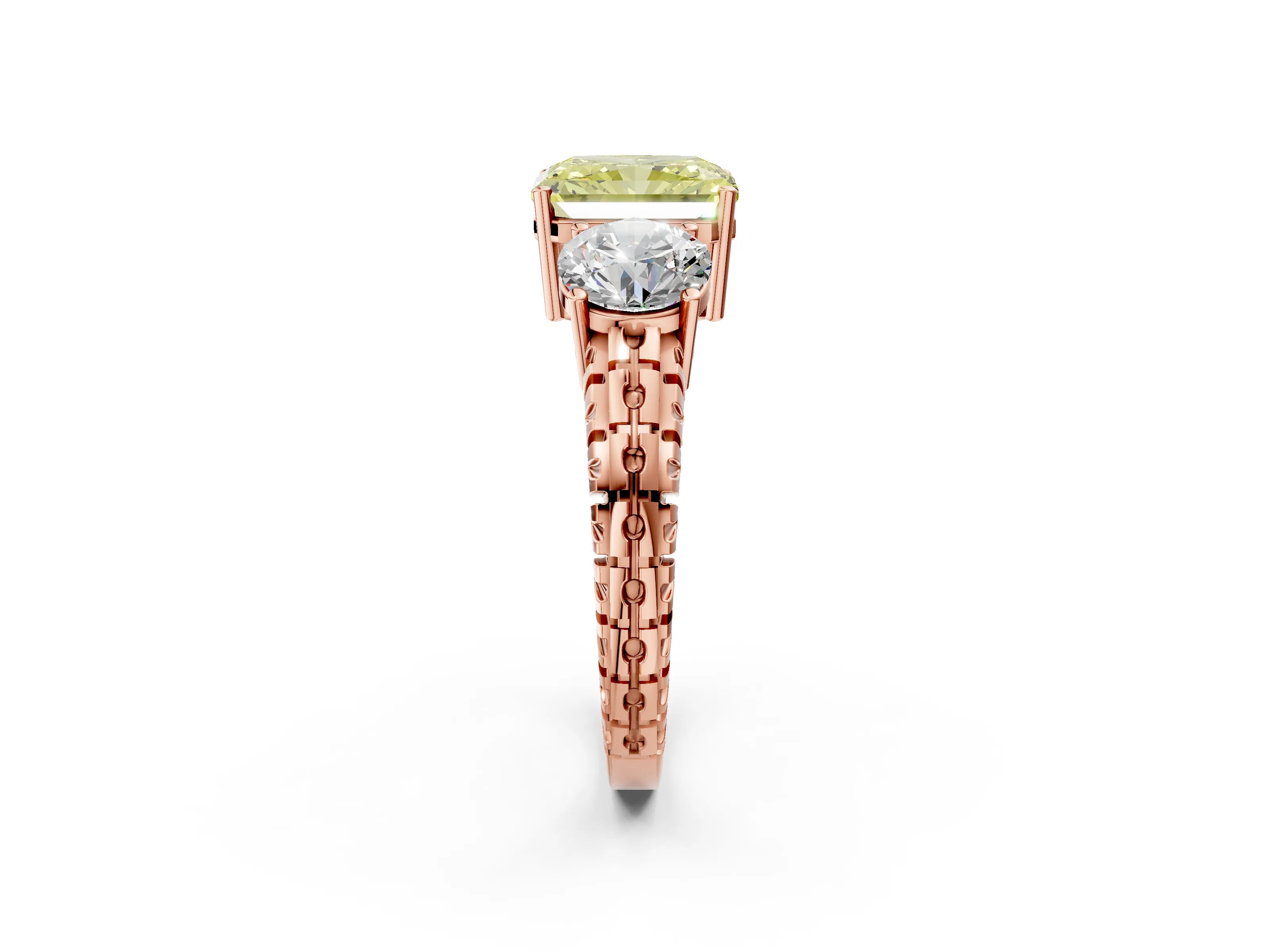 Rose gold Three-Stone Fancy Yellow Radiant Cut Cut Diamond Ring with Channel-Set Band and Prong Setting_2
