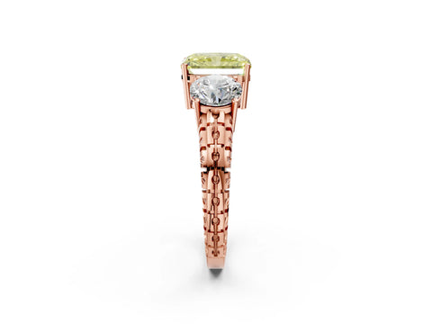 Rose gold Three-Stone Fancy Yellow Radiant Cut Cut Diamond Ring with Channel-Set Band and Prong Setting_2